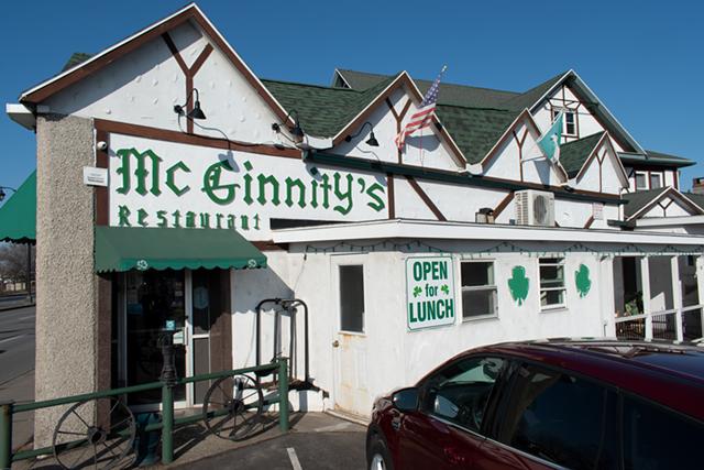 McGinnity's Restaurant and Party House's distinctive exterior suggests an Irish cottage was air-dropped from the Erin countryside onto Route 104.