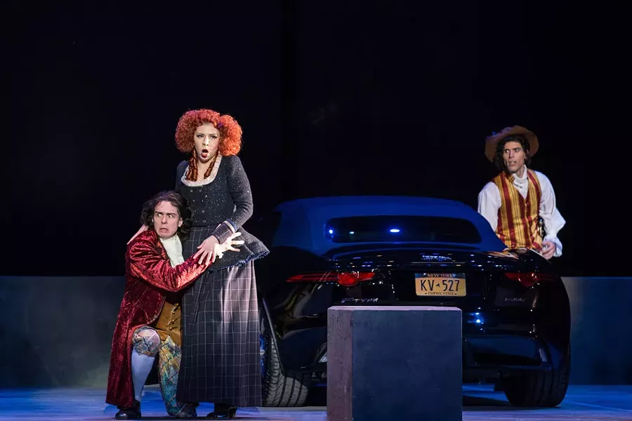 From left to right: Michael Galvin as Leporello, Maria Vasilevskaya as Donna Elvira, and Michael Aiello as Don Giovanni in Eastman Opera Theatre's "Don Giovanni." - PHOTO BY NIC MINETOR