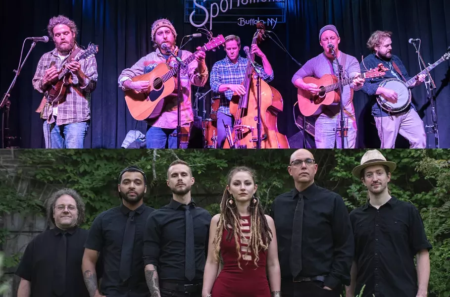 Canandaigua's raucous alt-bluegrass outfit Dirty Blanket (top) and the populist reggae band Root Shock from Syracuse (bottom) are among the artists to play the 2019 Finger Lakes GrassRoots Festival. - PHOTOS PROVIDED