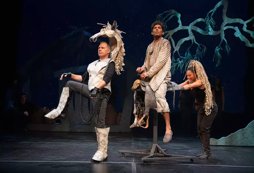 Jay Turvey as Bree, Matt Nethersole as Shasta and Genny - Sermonia as the tail with the cast of The Horse and His Boy. - PHOTO BY DAVID COOPER.