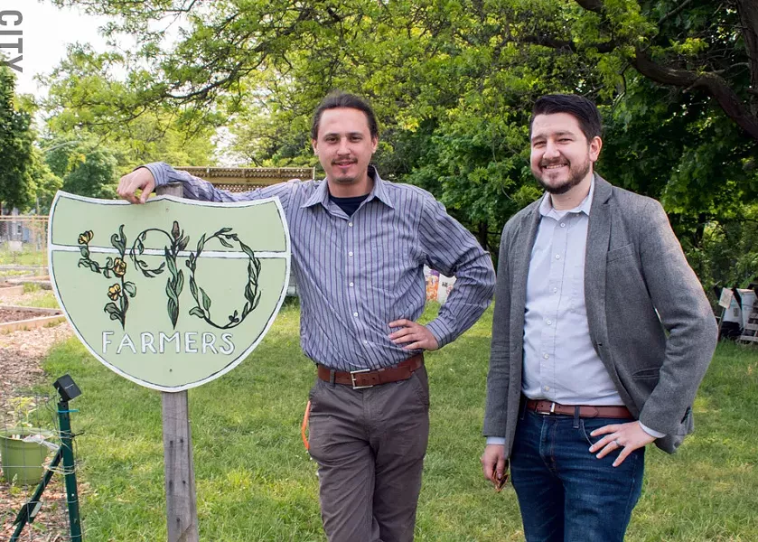 Jesse Knoth, left, and Kevin Wilson in the East District, where community engagement and schools are among the issues. - PHOTO BY RENÉE HEININGER