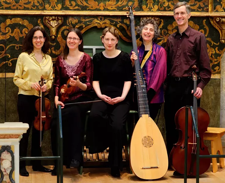 For "Dido in France and Italy," Publick Musick is (left to right) Mary Riccardi, Boel Gidholm, Naomi Gregory, Deborah Fox, and Christopher Haritatos. - PHOTO BY GERRY SZYMANSKI
