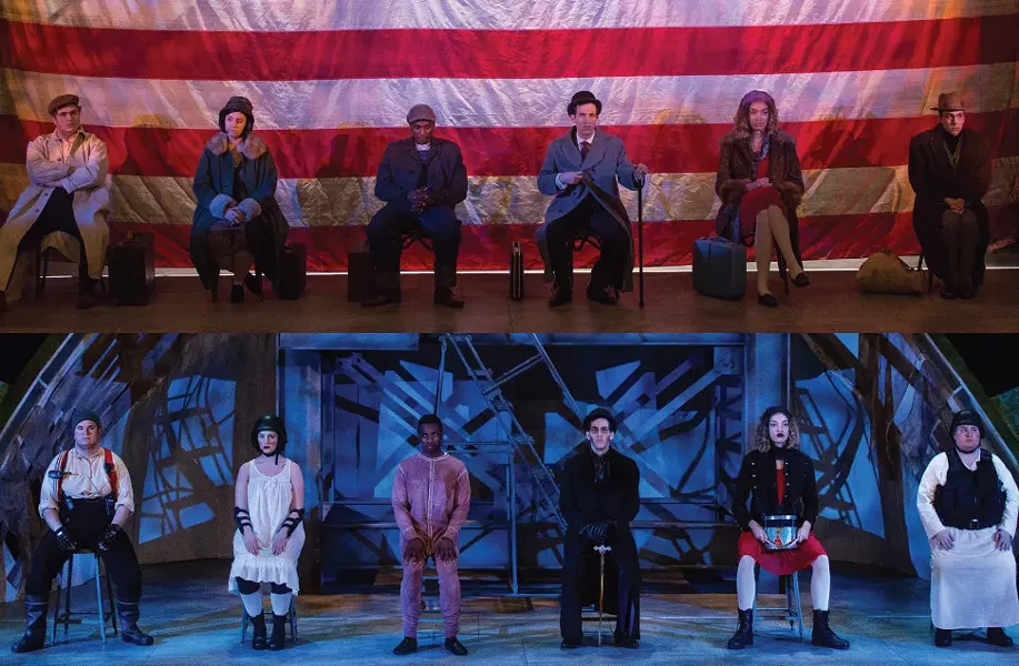 (Top left to right) David Wolfe, Sophie Thompson, Jonathan Rhodes, Nicholas Dankner, Alexis Peart, and Patrick Graham in "Mahagonny Songspiel." - PHOTO AND LIGHTING BY NIC MINETOR