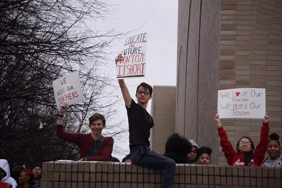 Monday morning, students at School of the Arts protested district plans to layoff teachers. - PHOTO BY GINO FANELLI