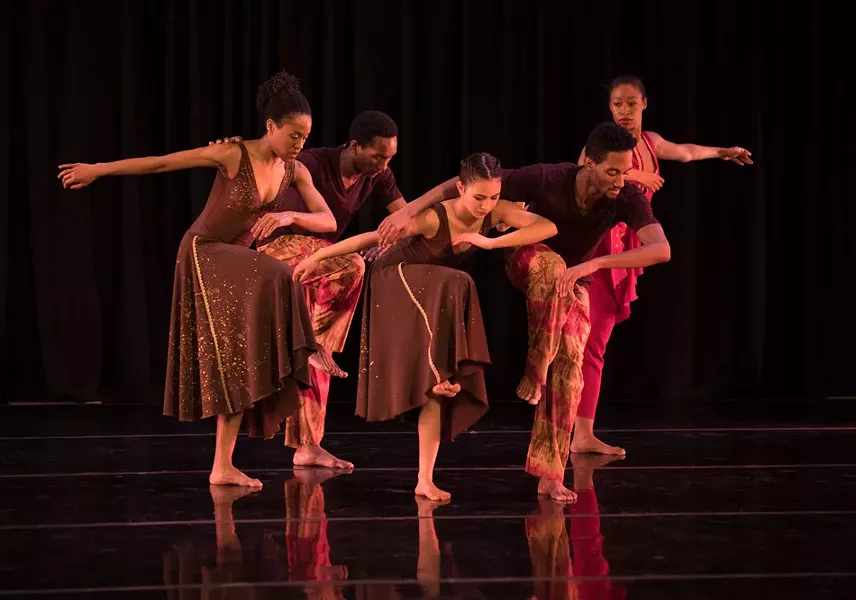 Sarah Herbert, Le'Tiger Walker, Anna Lee, Adriene Hodge, and Davente Gilreath of Garth Fagan Dance perform "Distant Kin." - COURTESY ROSALIE O'CONNOR PHOTOGRAPHY