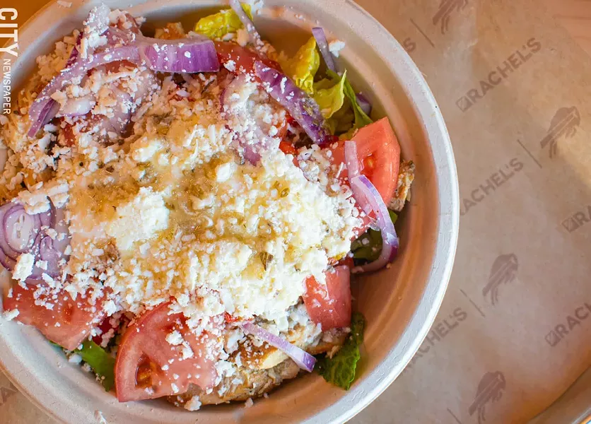 A rice bowl with chicken souvlaki at the fast-casual Rachel's Mediterranean Grill. The Buffalo-based family business opened two locations in Rochester this year, with plans to keep expanding. - PHOTO BY JACOB WALSH