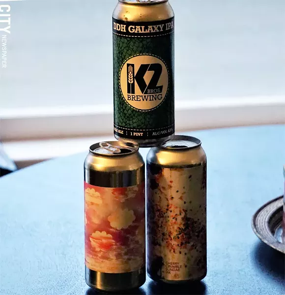 Bottom left: Triple Mosaic Daydream by Other Half , bottom right: Cherry Crumble Sundae IPA by Fifth Frame, and on top is a Double Dry Hop Galaxy IPA by K2 Brothers - PHOTO BY GINO FANELLI