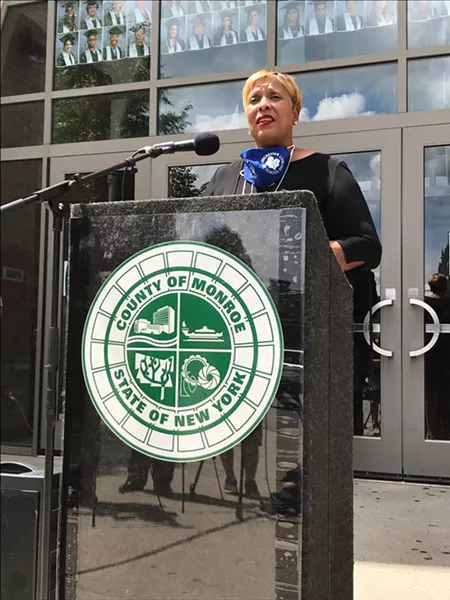 Rochester Superintendent Lesli Myers-Small discusses reopening schools safely outside the School of the Arts on July 30, 2020. - PHOTO BY DAVID ANDREATTA