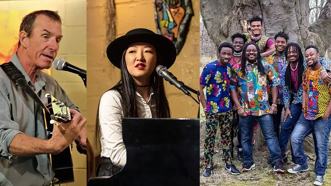 The Hochstein School's 100th anniversary will be celebrated virtually, featuring these artists. From left, John Dady, Hanna PK, and Womba Africa Drumming. - PHOTO PROVIDED