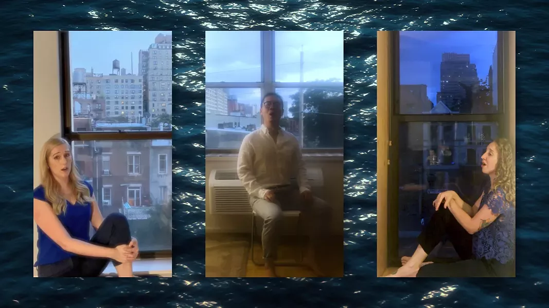 Jongwon Choi (center), as Don Alfonso, sings “Soave sia il vento” from Mozart's "Così fan tutte," as part of FLO's "Summer Scenes" virtual concert. - YOUTUBE SCREENSHOT