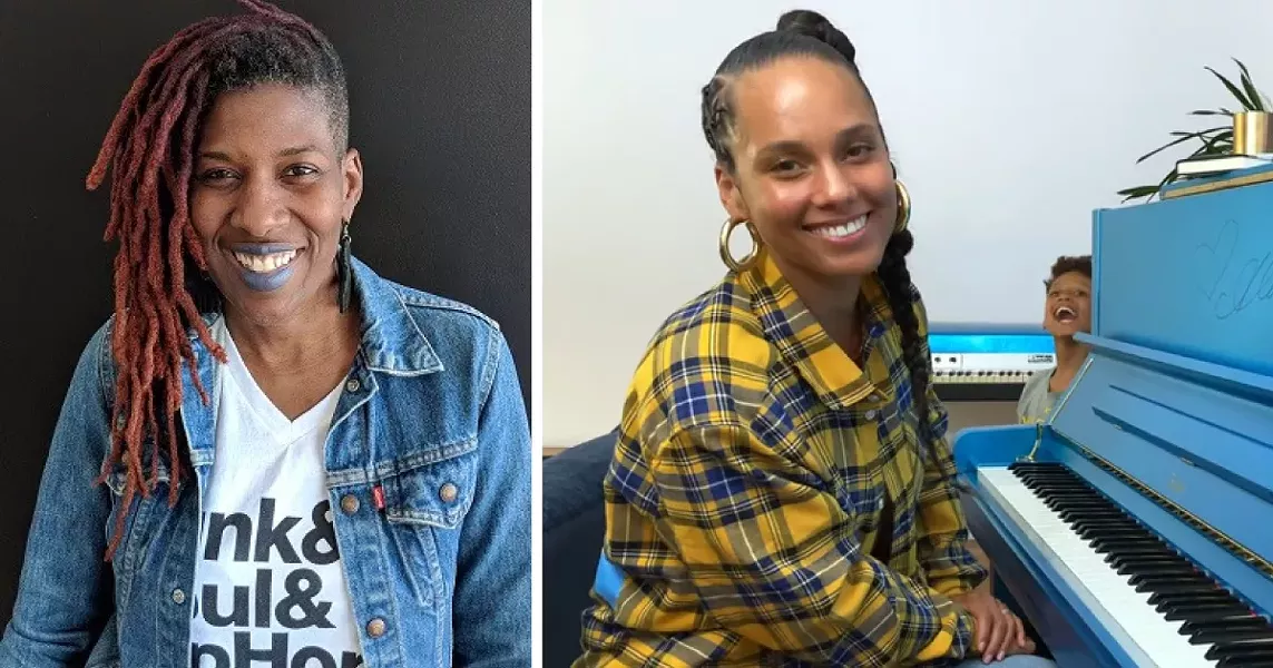 Rochester's Avenue Blackbox Theatre and its director Reenah Golden (left) are the new owners of Alicia Keys' blue Steinway-designed piano. - LEFT: PHOTO BY KURT INDOVINA / RIGHT: YOUTUBE SCREENSHOT