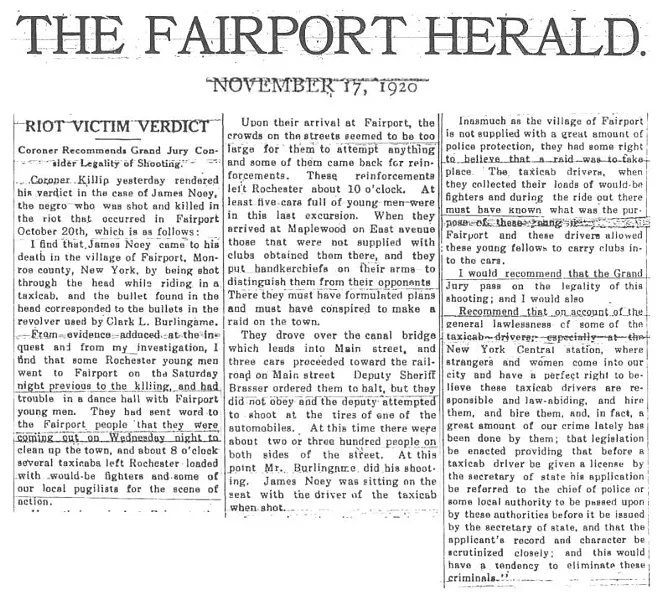 The Fairport Herald published the "verdict" of Monroe County Coroner Thomas A. Killip in the killing of James Noey on Nov. 17, 1920.