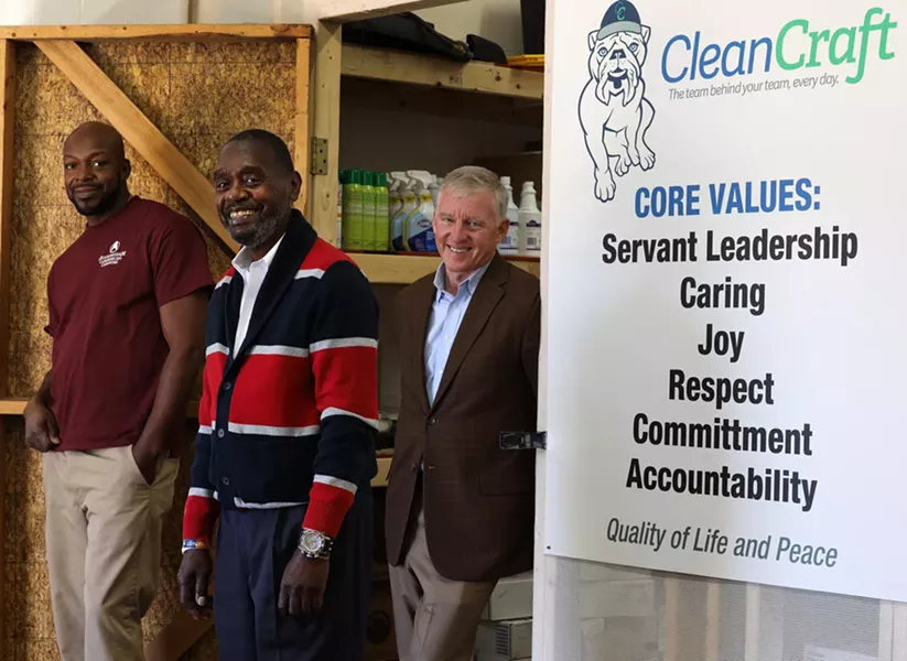 From left, Eddie Chapple, Sanford Coley and Ty Hookway. Chapple was hired at CleanCraft about six years ago, and Coley started at the commercial cleaning company owned by Hookway in the 1990s. - PHOTO BY MAX SCHULTE