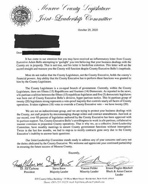 An Oct. 29 letter from Monroe County Legislature President Joe Carbone accused County Executive Adam Bello of "gaslighting" county contractors.