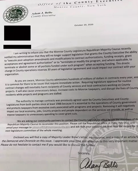 An Oct. 20 letter from Monroe County Executive Adam Bello warned that some county contracts could be affected by a move by county legislators to curtail his authority.