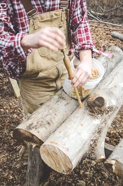 Noah and Abe inoculate the logs with a mushroom spawn and it will take about a year or longer before mushrooms can be harvested. - PHOTO BY MARK CHAMBERLIN