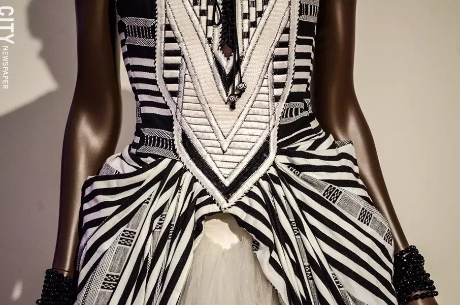 Detail of a 2005 Henry Jackson ballgown with West African textile and tulle. - PHOTO BY MARK CHAMBERLIN