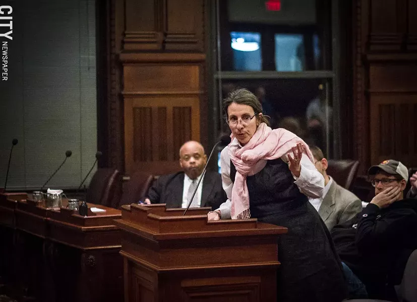 Sandra Boehlert urges City Council to pass a resolution updating its status as a Sanctuary City. - PHOTO BY KEVIN FULLER
