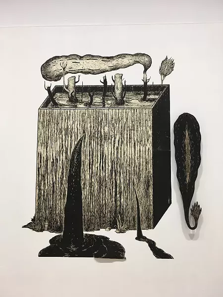 Detail of Sean Caulfield's installation, which uses a Seuss-like visual language to speak on environmental and industrial matters. - PHOTO BY REBECCA RAFFERTY