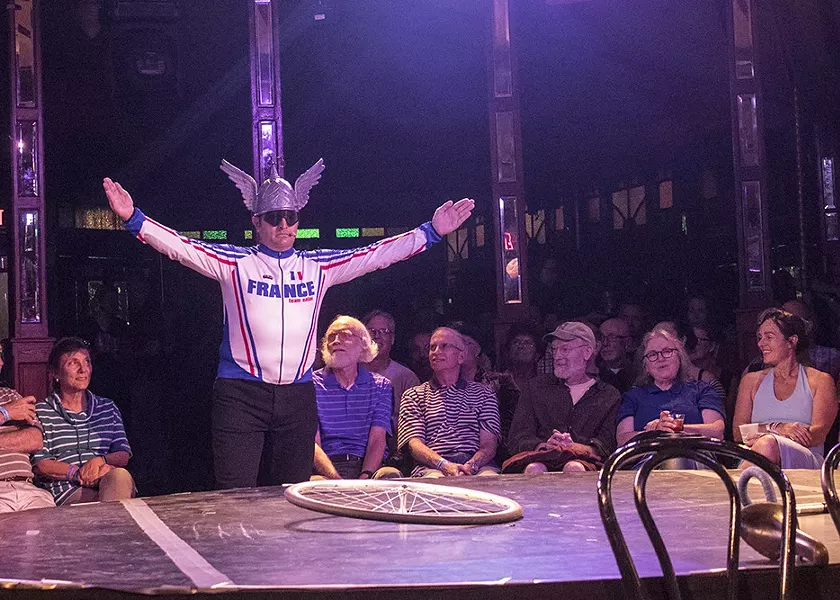 John Rubano as the God of Bicycles in "The Bicycle Men." - PHOTO BY ASHLEIGH DESKINS