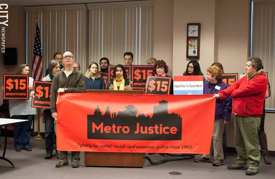 Mohini Sharma, organizer at Metro Justice, speaks during a press conference on a Trump administration proposal affecting workers' tips. - PHOTO BY JACOB WALSH