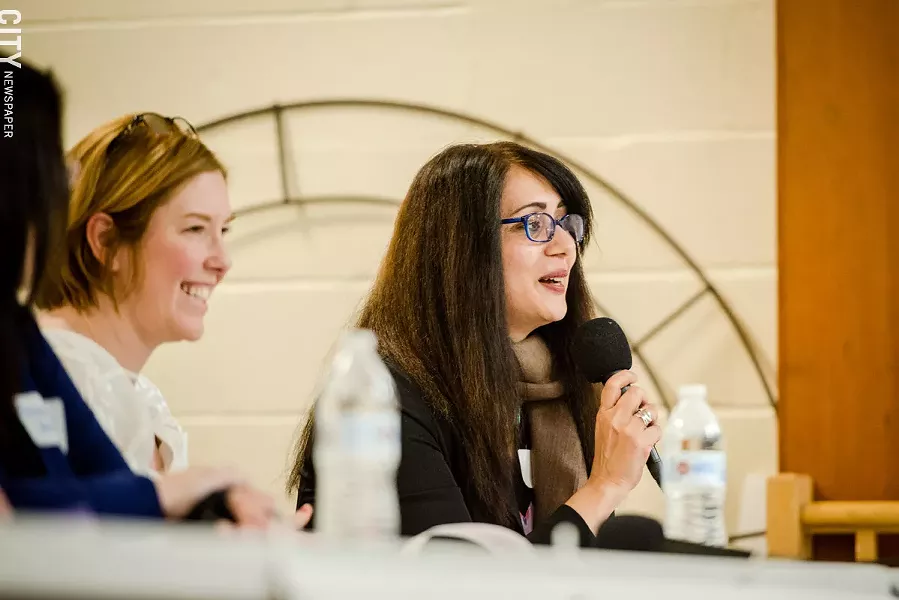 Labor Federation's Maria Thomas (left) and filmmaker Mara Ahmed (right) also acted as commissioners. - PHOTO BY JOSH SAUNDERS