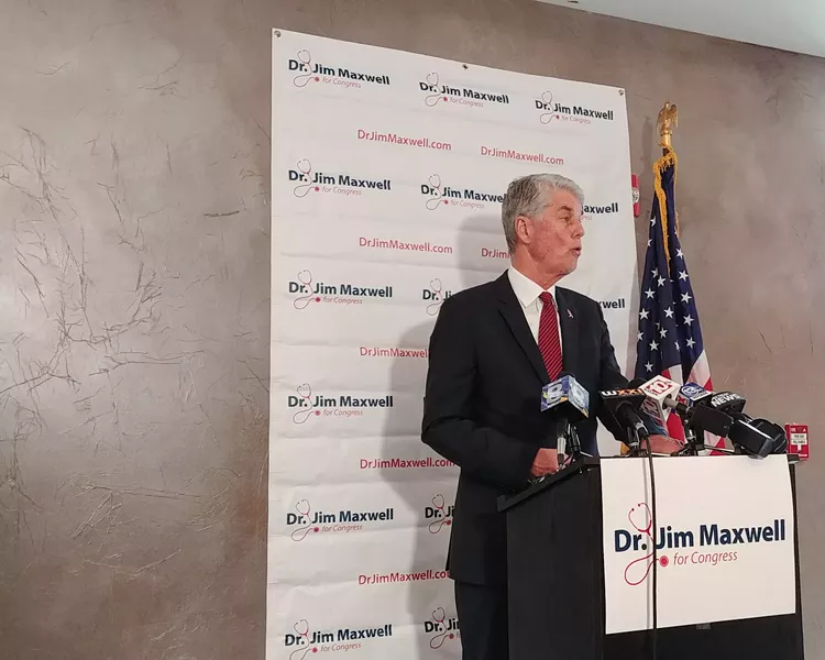 Jim Maxwell, the Republican candidate for the late Louise Slaughter's House seat, speaks during a press conference this morning. - PHOTO BY JEREMY MOULE