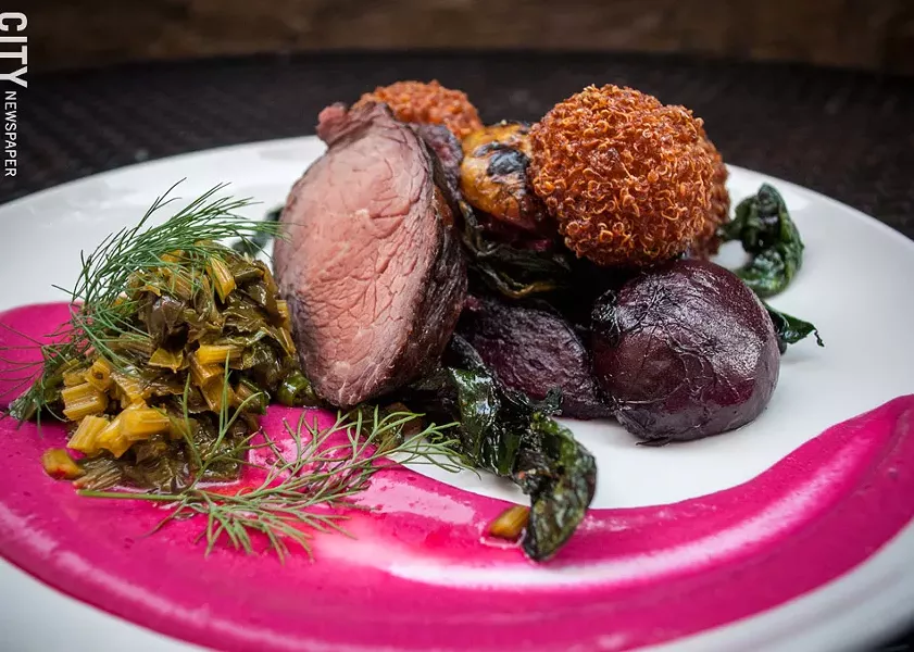 On the menu at a recent Hearth and Cellar pop-up dinner: "Fantasy of Beets" (with roast beef), a dish of whole roasted beets with quinoa fritters, sauteed chopped beet greens, and dill. - PHOTO BY RYAN WILLIAMSON