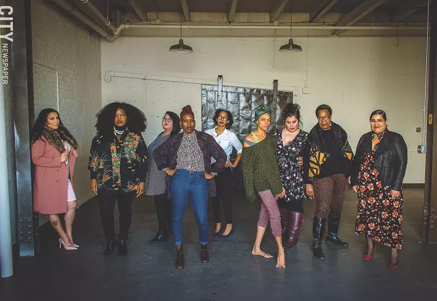 Some of the founding members of WOC•Art collaborative, from left to right: Tamara Leigh, Danielle Ponder, KaeLyn Rich, Reenah Golden, Tianna Mañón, N'Jelle Gage-Thorne, Rachel McKibbens, Delores Jackson-Radney, and Rachel DeGuzman. - PHOTO BY RYAN WILLIAMSON