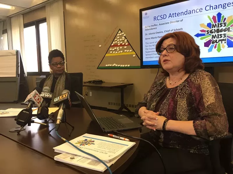 Dr. Idonia Owens, left, is Rochester City School District's chief of schools, and Betsy Hoffer, right, is the district's associate director of attendance. During a press conference Tuesday, they discussed the district's new attendance policies and practices. - PHOTO BY JAMES BROWN / WXXI