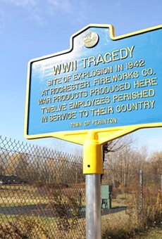 An historic marker at the site of the former Rochester Fireworks Company on Whitney Road in Perinton. On November 6, 1942, an explosion at the plant sparked a fire that killed twelve people.