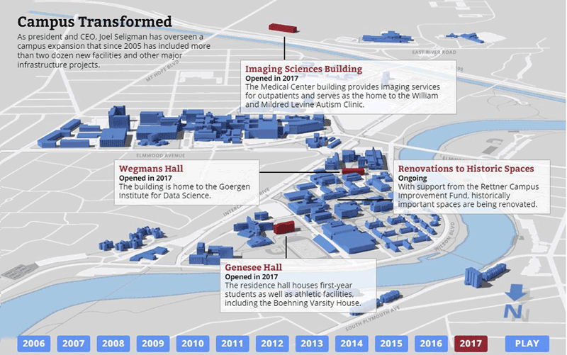 During his 12 years as president of the University of Rochester, Joel Seligman oversaw significant expansion of University and Medical Center facilities, shown in red on this map. - MAP DESIGNED BY STEVE BOERNER FOR THE UNIVERSITY OF ROCHESTER AND USED WITH PERMISSION.