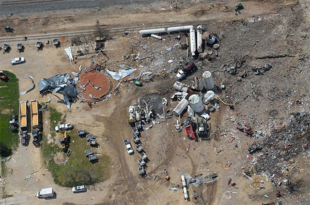 Aerial photo of the west explosion site taken several days after blast (4/22/2013) - PHOTO BY SHANE TORGERSON