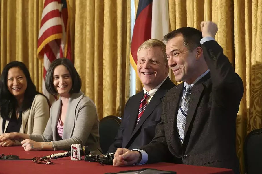 From left: from left, Cleopatra De Leon, Nicole Dimetman, Mark Phariss and Victor. The two same-sex couples are challenging Texas' same-sex marriage ban. - COURTESY