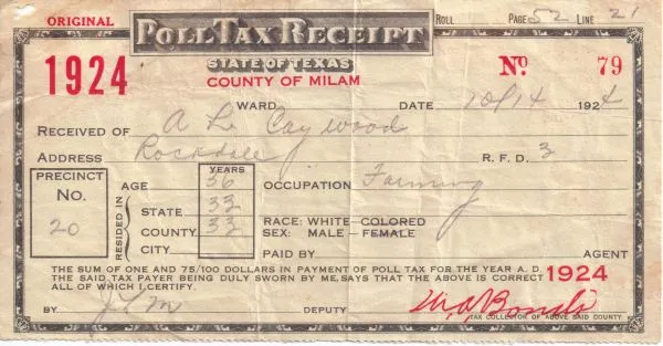 Here's a photo of a poll tax receipt. Critics of Texas' Voter ID law say it amounts to a poll tax. - MILAM COUNTY HISTORICAL COMMISSION