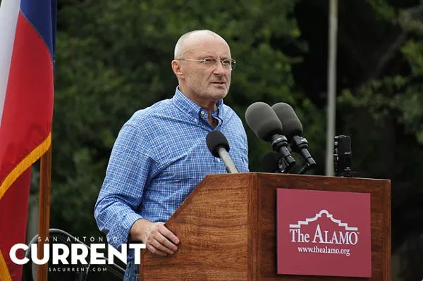 Former Genesis singer-drummer announcing his donation of Alamo artifacts in front of the famed San Antonio mission last June. - ALBERT SALAZAR