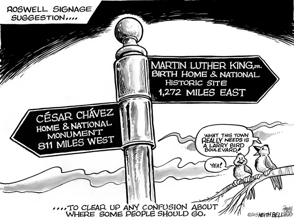 An editorial cartoon published by the Roswell Daily Record questions the merit of naming local street names after national civil rights figures. - ROSEWELL DAILY RECORD/FACEBOOK