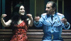 Saleh Bakri and Sasson Gabai conduct an invisible orchestra in The Band’s Visit.