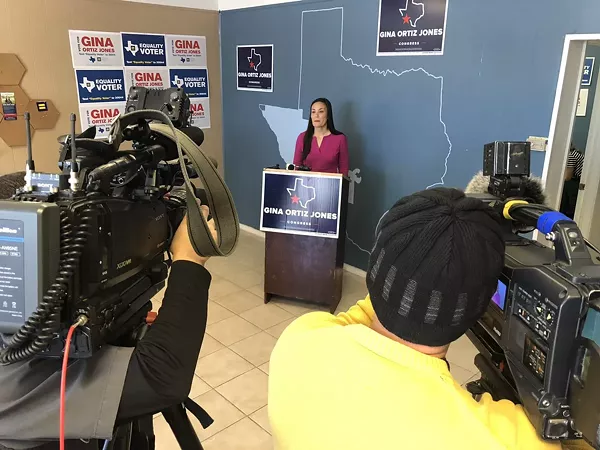 Gina Ortiz Jones speaking at Tuesday's press conference. - VIA TWITTER @JOEGALLINEWS
