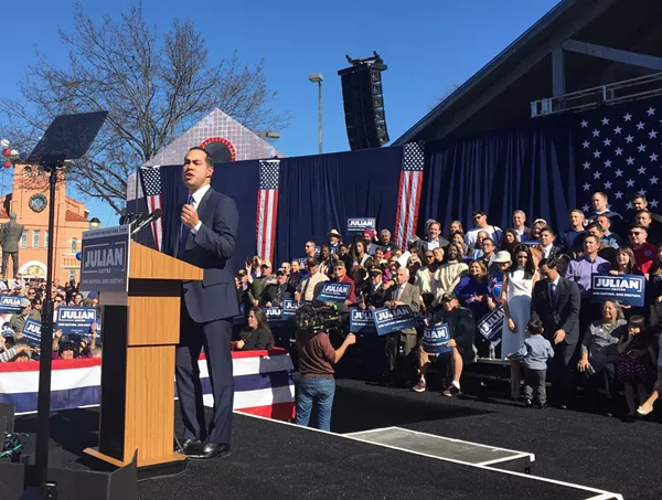 Julián Castro fires up the crowd at Plaza Guadalupe during a speech confirming he'll run for president. - SANFORD NOWLIN