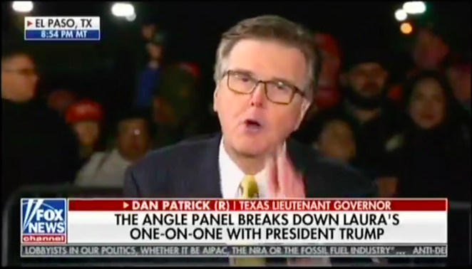 Lt. Gov. Dan Patrick wags a finger on Laura Ingraham's Fox News show. - TWITTER / JASONSCAMPBELL