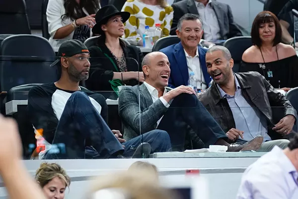 The Spurs' big three share a laugh before Manu Ginobili's jersey retirement ceremony. - TWITTER / @SPURS