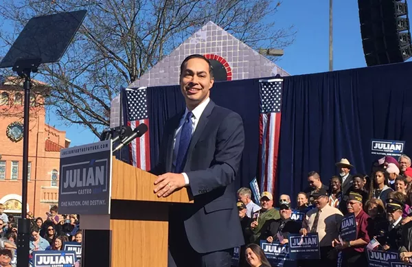 Julian Castro addresses supporters during his presidential campaign announcement in TK. - SANFORD NOWLIN
