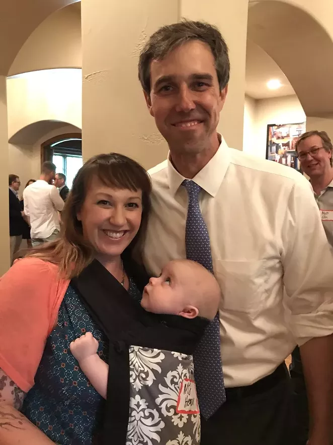 MJ Hegar, left, and son Daniel meet with Democratic presidential hopeful Beto O'Rourke. - TWITTER / @MJHEGAR