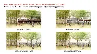 Renderings provided to the public last year show options for the Crockett, Palace and Woolworth buildings on Alamo Plaza—which include demolition. - CITY OF SAN ANTONIO