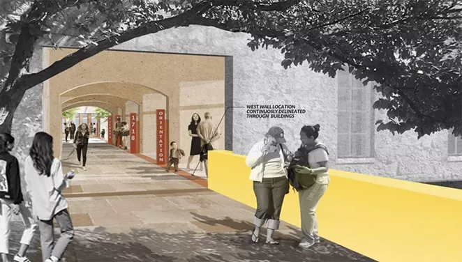 San Antonio Conservation Society Alamo Museum massing study released May 7, 2019. Crockett block entry to pedestrian passage, looking north. - SAN ANTONIO CONSERVATION SOCIETY / ALAMO ARCHITECTS