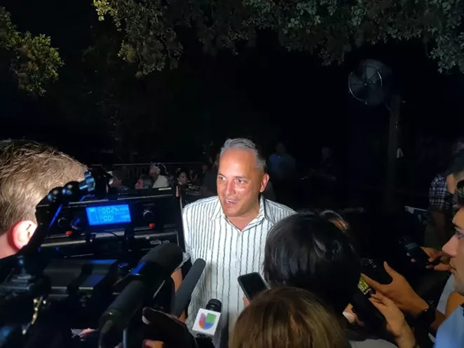 Greg Brockhouse speaks to the media at his watch party. - JADE ESTEBAN ESTRADA