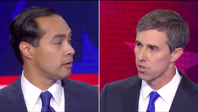 Julian Castro and Beto O'Rourke share a split-screen moment during Wednesday's Democratic debate. - SCREEN CAPTURE / CNBC