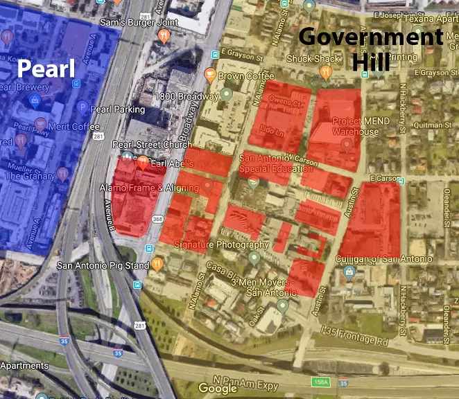 This map, which was created based on materials found at broadwayeastsa.com, shows the Broadway East development (in red) in relation to the Government Hill neighborhood, which is east of the Pearl. - GOOGLE MAPS / SAN ANTONIO HERON