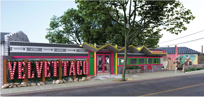This rendering filed with the City of San Antonio shows Velvet Taco's proposed redesign of the building that once housed storied venue Taco Land. - CITY OF SAN ANTONIO